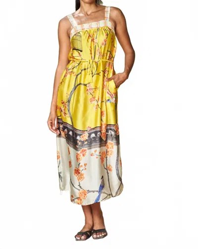 Paparazzi Bird & Floral Printed Charmeuse Maxi Dress In Yellow In Multi