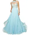 Paparazzi By Mori Lee Beaded Bodice Chiffon Gown In Light Blue In Blue