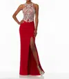 Paparazzi By Mori Lee Beaded Embroided Fitted Jersey Prom Dress In Red In Red