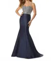 Paparazzi By Mori Lee Beaded Larissa Satin Mermaid Gown In Navy In Blue