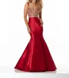 Paparazzi By Mori Lee Double Strap Larissa Satin Prom Dress In Ruby/gold In Red