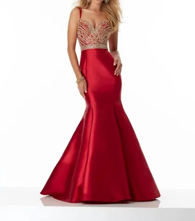 Paparazzi By Mori Lee Double Strap Larissa Satin Prom Dress In Ruby/gold In Red