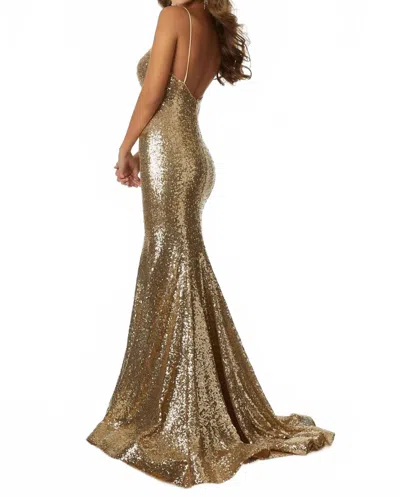 Paparazzi By Mori Lee Fitted Mermaid All Over Sequin Gown In Gold In Gray