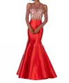 Paparazzi By Mori Lee Larissa Satin Beaded Net Bodice Mermaid Gown In Red In Red