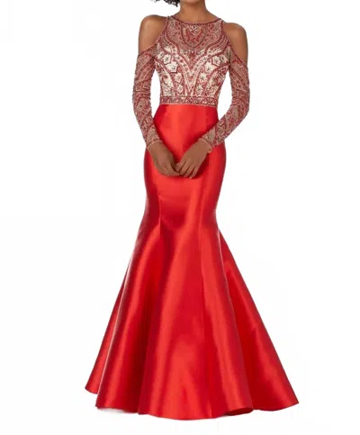 Paparazzi By Mori Lee Larissa Satin Beaded Net Bodice Mermaid Gown In Red