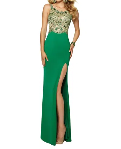 Paparazzi By Mori Lee Long Jersey Gown With Illusion Beaded Bodice In Emerald Green