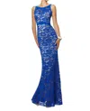 Paparazzi By Mori Lee Sleeveless Stretch Lace Slim Evening Dress In Royal/nude In Blue