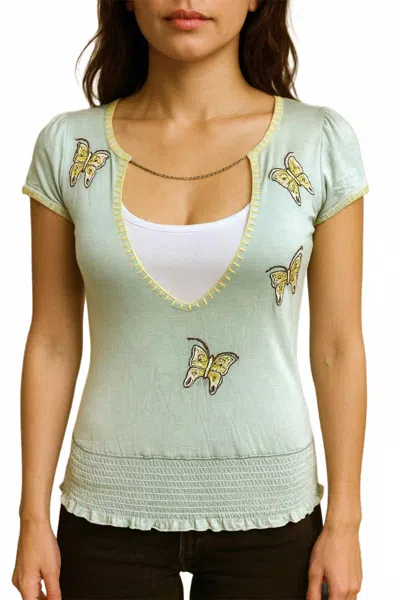 Paparazzi Chained V-neck Top With Embroidery & Beaded Works In Sage In Green
