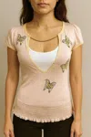 Paparazzi Chained V-neck Top With Embroidery & Beaded Works In Tan In Multi