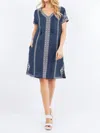PAPARAZZI DOUBLE FACE GUAZE EMBROIDERED SHIFT DRESS IN NAVY