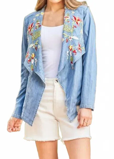 Paparazzi Embroidered Denim Tencel Cascade Jacket In Light Wash In Blue