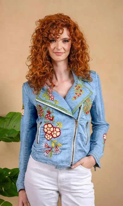 Paparazzi Embroidered Denim Tencel Moto Jacket In Light Wash In Multi