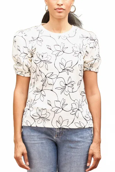 Paparazzi Embroidered French Terry Puff Sleeve Top In Ivory / Black In Neutral