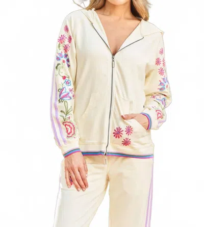 Paparazzi Embroidered French Terry Zip Front Hoodie In Cream In White