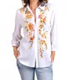 Paparazzi Embroidered Linen 3/4 Sleeve Button Front Shirt In White In White