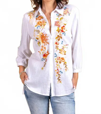 Paparazzi Embroidered Linen 3/4 Sleeve Button Front Shirt In White