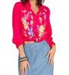 Paparazzi Embroidered Linen 3/4 Sleeve Shirt In Fuchsia In Multi