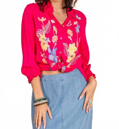 Paparazzi Embroidered Linen 3/4 Sleeve Shirt In Fuchsia In Multi