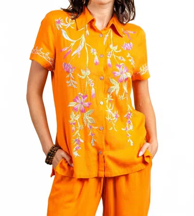 Paparazzi Embroidered Linen Short Sleeve Shirt In Tangerine In Orange
