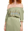 Paparazzi Embroidered Rayon Crinkle Peasant Top In Sage In Green