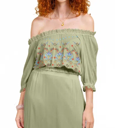 Paparazzi Embroidered Rayon Crinkle Peasant Top In Sage In Green