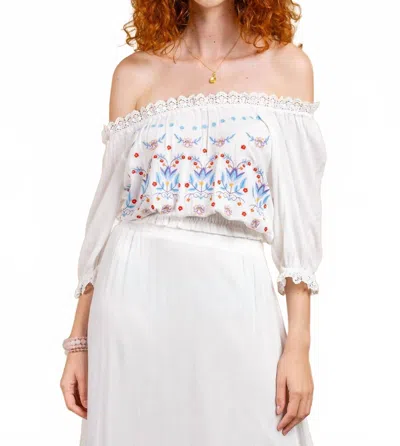 Paparazzi Embroidered Rayon Crinkle Peasant Top In White In Multi