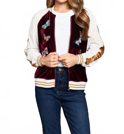 Paparazzi Embroidered Velvet Baseball Jacket In Wine In Red