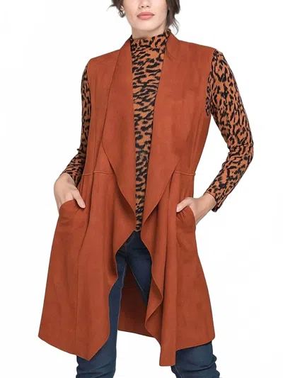Paparazzi Faux Suede Drape Front Long Vest In Chestnut In Brown