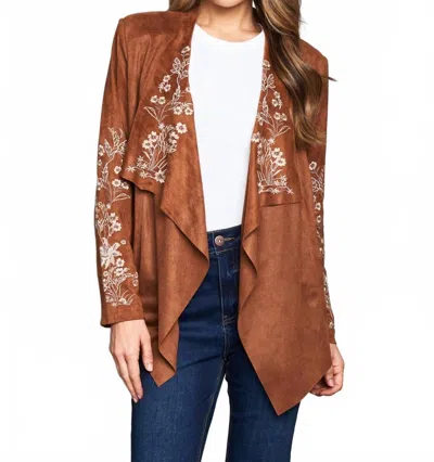 Paparazzi Faux Suede Embroidered Open Front Short Jacket In Saddle In Brown