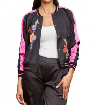 Paparazzi Floral Embroidered Reversible Satin Baseball Jacket In Black Combo