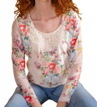 Paparazzi Floral Print Mesh Embroidered Top In Natural In Multi
