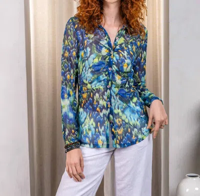 Paparazzi Ikat Print Mesh Skinny Shirt With Ruching In Blue-green In Multi