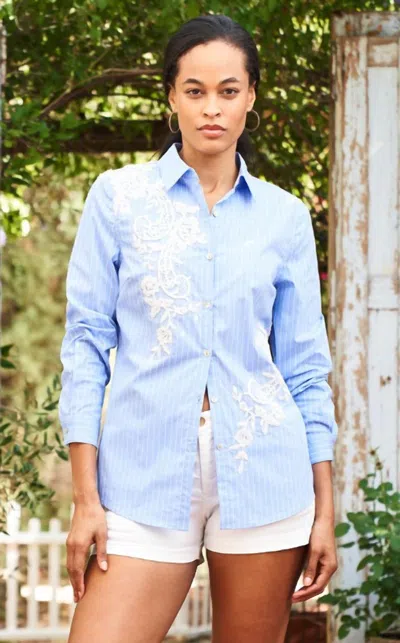 Paparazzi Lace Applique Tripe Shirt In Blue
