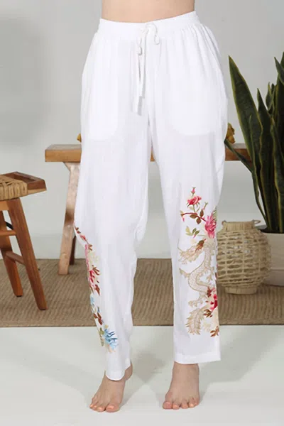 Paparazzi Linen Blend Embroidered Dragon Pant In White