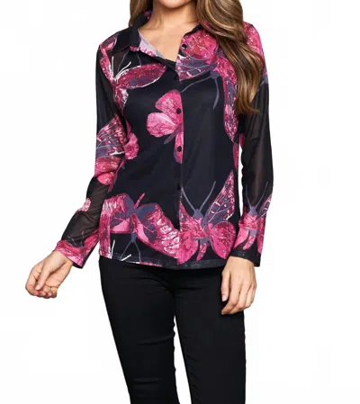 Paparazzi Mesh Butterfly Print Button Front Lined Shirt In Black