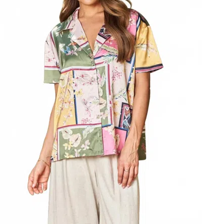Paparazzi Patchwork Button Up Top In Beige Multi