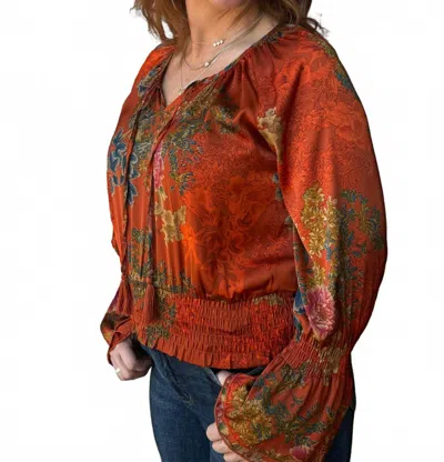 Paparazzi Print Shirred Peasant Top In Rust In Multi