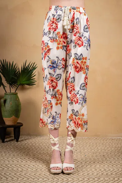 Paparazzi Pull On Printed Charmeuse Pant W/embroidery Trim In Rose Garden