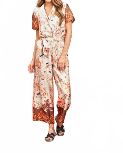 Paparazzi Satin Border Print Jumpsuit In Peach In Neutral