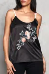 Paparazzi Satin Embroidered Camisole With Adjustable Straps In Black In Black