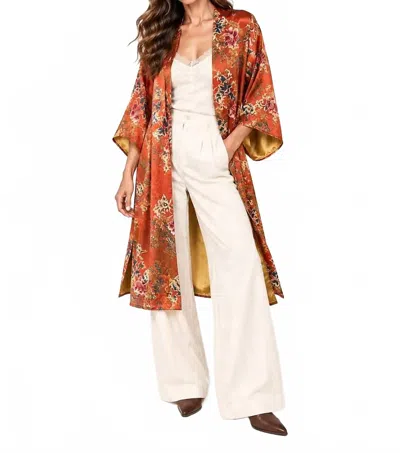 Paparazzi Satin Print Kimono With Tie Belt In Rust In Multi