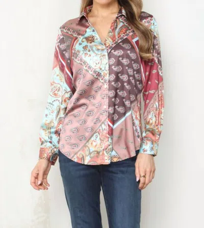 Paparazzi Satin Print Long Sleeve Shirt In Patchwork In Multi