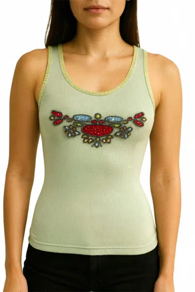 Paparazzi Sleeveless Top With Embroidery & Beaded Works In Sage In Multi
