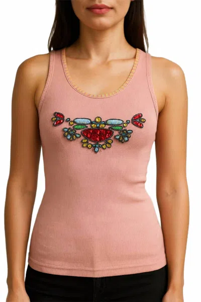 Paparazzi Sleeveless Top With Embroidery & Beaded Works In Salmon In Pink