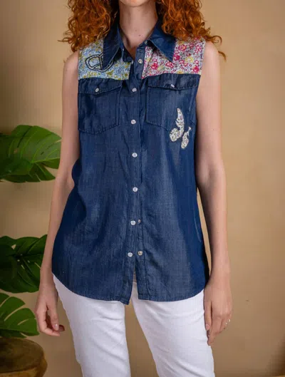 Paparazzi Tencel Print Yoke And Appliques Shirt In Dark Wash