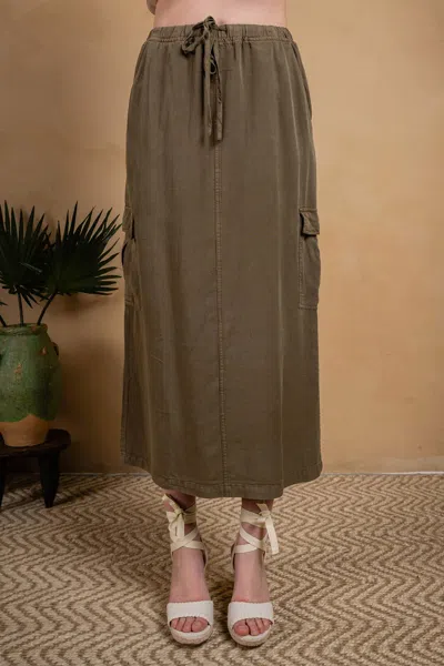 Paparazzi Tencel Slub Pull-on Cargo Skirt W/slit Side In Olive In Brown