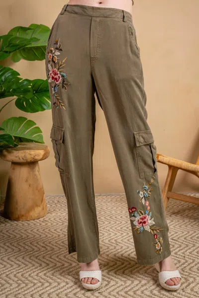 Paparazzi Tencel Wide Leg Embroidered Cargo Pant In Olive