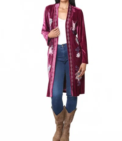 Paparazzi Verona Embroidered Velvet Duster In Burgundy In White