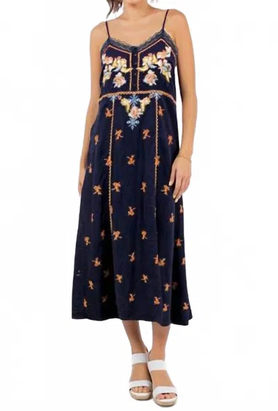 Paparazzi Viscose Embroidered Tank Dress With Lace Trim In Navy In Blue