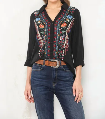 Paparazzi Viscose Split Collar Embroidered Pull-over Shirt In Black